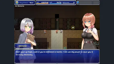 Amane 与 Memoria 在书架前交谈，顶部显示状态栏